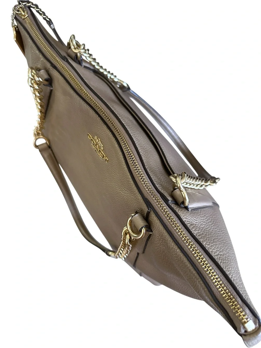 Coach Ava Champagne Gold Pebble‎ Leather Chain Tote Zip Top Shoulder Bag Large